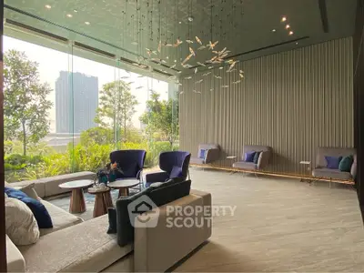 Luxurious modern living room with floor-to-ceiling windows and elegant decor in a high-rise building.