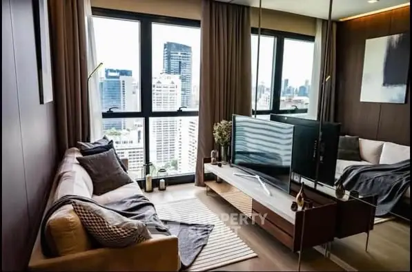 Luxurious modern living room with city view, elegant decor, and cozy ambiance.