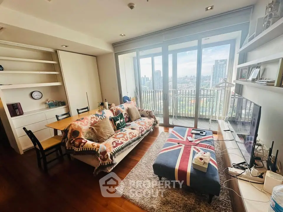 Stylish living room with city view and unique decor in modern apartment