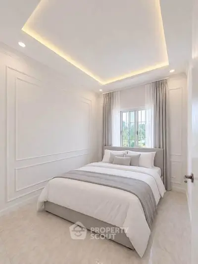 Elegant bedroom with modern design and natural light, featuring cozy bedding and stylish decor.
