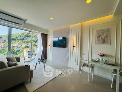 Luxurious living room with stunning view and modern decor in a high-rise apartment.
