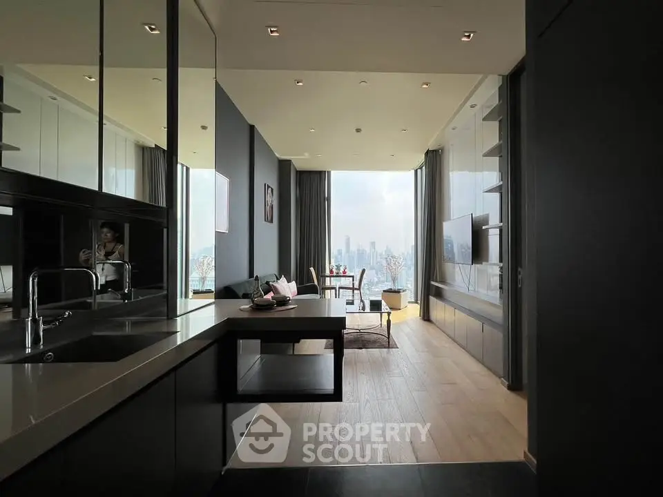Luxurious modern living room with stunning city view and sleek interior design.