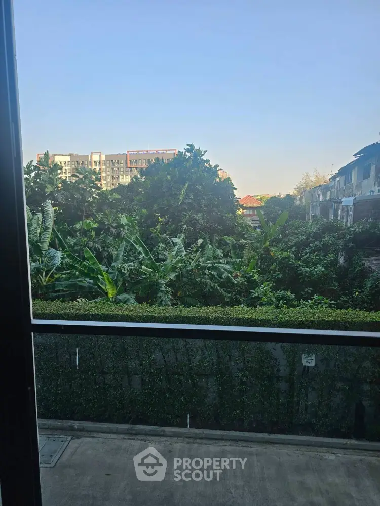 Scenic view from balcony overlooking lush greenery and distant buildings