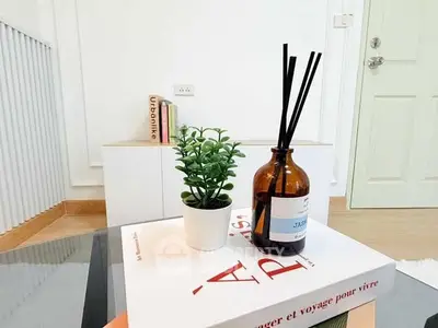 Stylish modern interior with decorative plant and books on table.