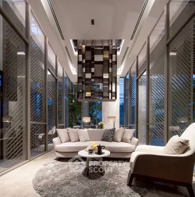 Luxurious modern living room with floor-to-ceiling windows and elegant decor