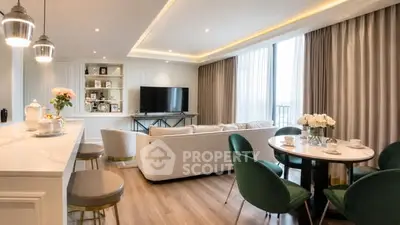 Luxurious modern living room with elegant decor and open layout, featuring a cozy seating area and stylish dining space.