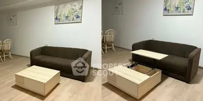 Modern living room with brown sofa and convertible coffee table