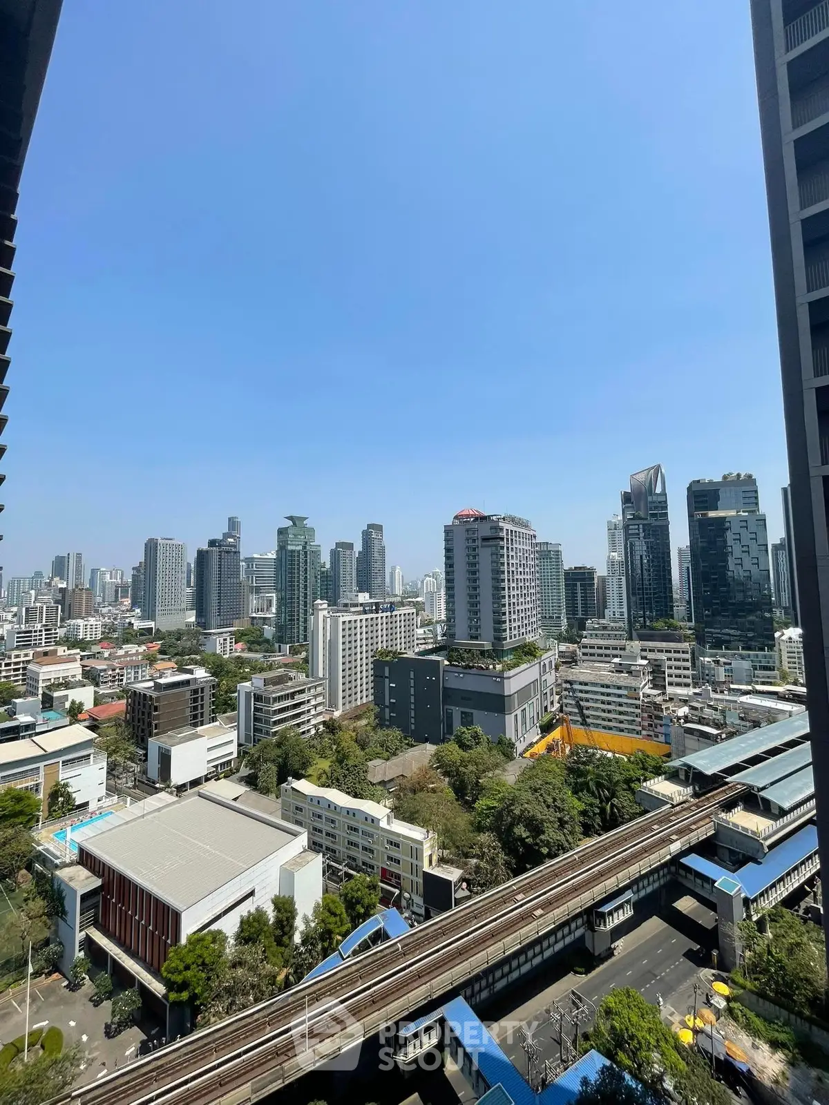 Stunning cityscape view from high-rise building showcasing urban skyline and vibrant city life.