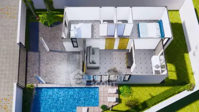 Stunning aerial view of modern home with pool and lush garden, showcasing open layout and stylish design.