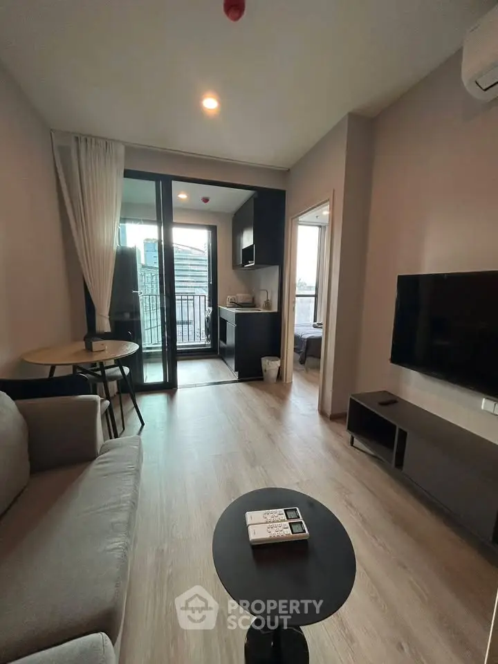 Modern living room with balcony view in a stylish apartment