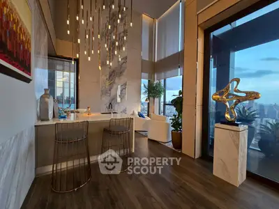 Luxurious modern living room with stunning city view and elegant decor