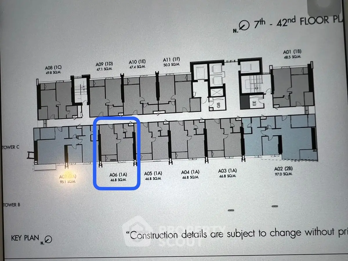 Detailed floor plan of 7th to 42nd floor with unit layouts and dimensions.