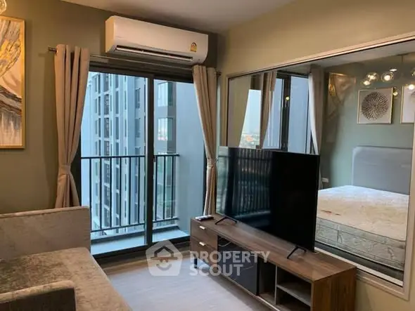 Modern living room with balcony view and stylish decor