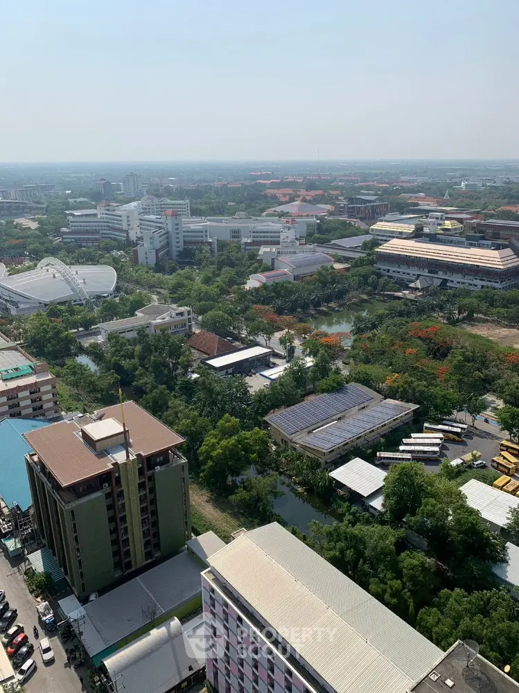 Stunning aerial view of urban landscape with lush greenery and modern buildings