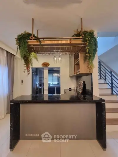 Modern kitchen with elegant black marble countertop and stylish hanging plants
