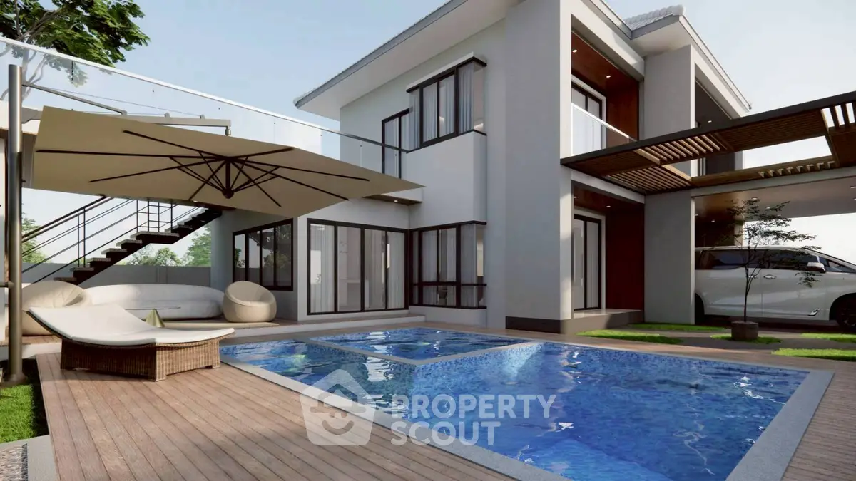 Luxurious modern home with private pool and stylish outdoor lounge area.