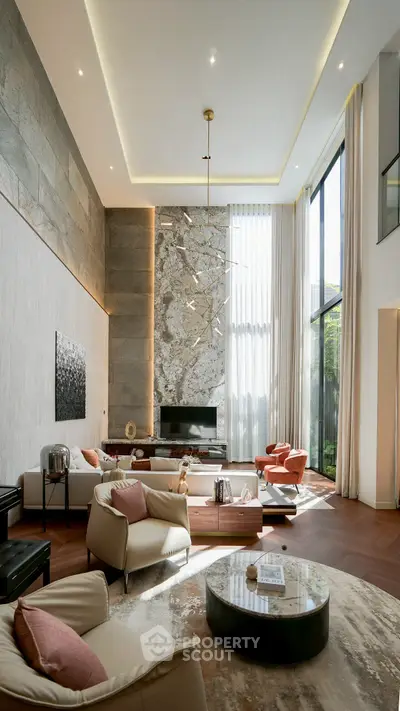 Luxurious modern living room with high ceilings and elegant decor