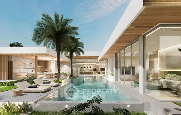 Luxurious modern villa with stunning pool and palm trees, featuring open-plan living spaces and sleek design.