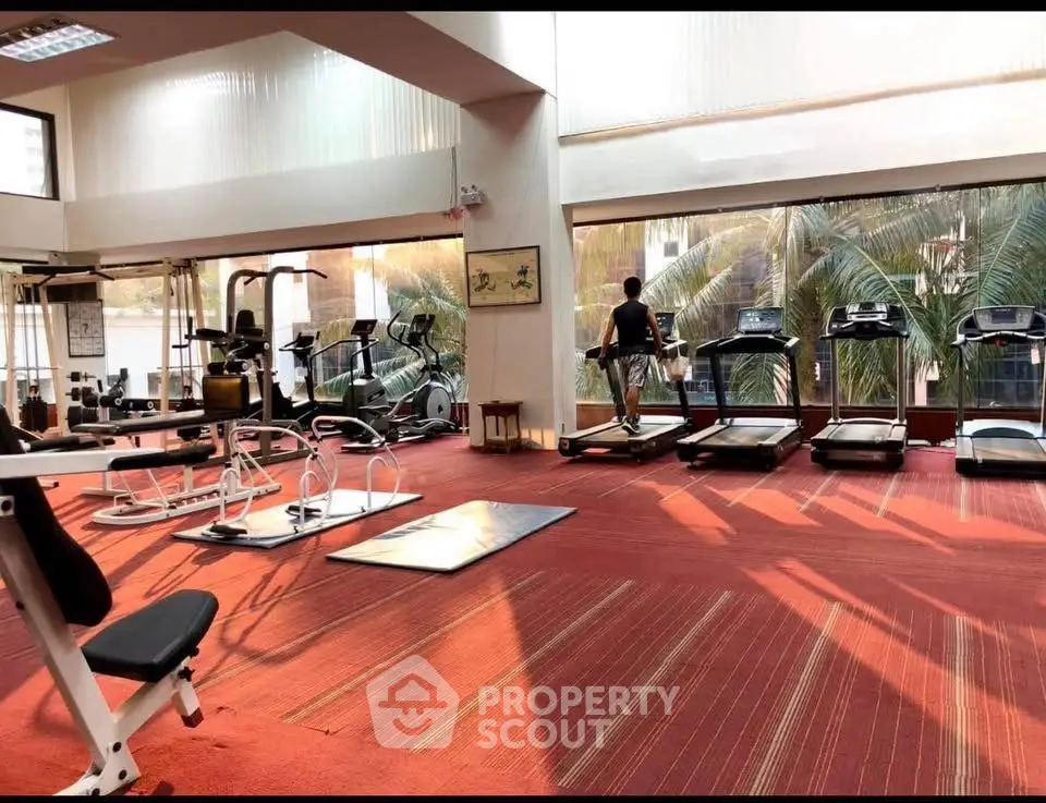 Spacious gym with modern equipment and large windows offering a refreshing view of palm trees.