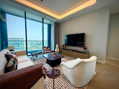 Luxurious living room with stunning city view, modern furniture, and elegant decor in high-rise apartment.