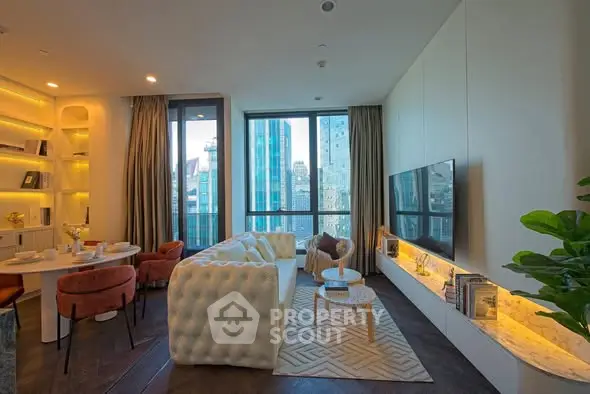 Luxurious modern living room with city view, elegant furniture, and ambient lighting.
