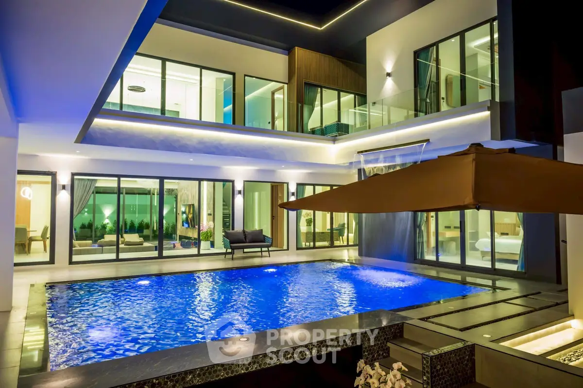 Luxurious modern villa with illuminated pool and elegant architecture at night.