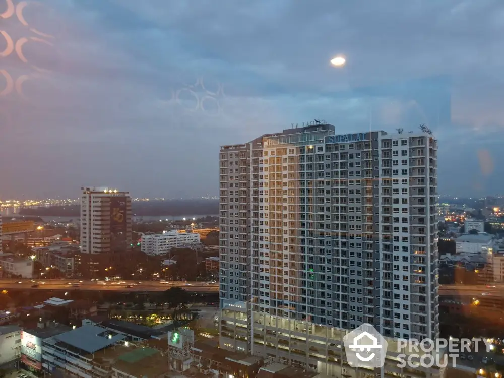 Stunning cityscape view with modern high-rise building at dusk