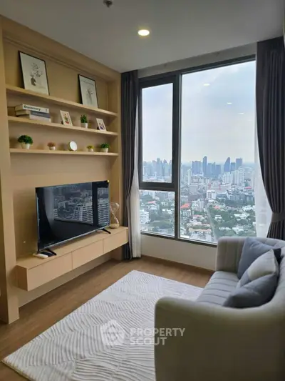 Modern living room with stunning city view and stylish decor