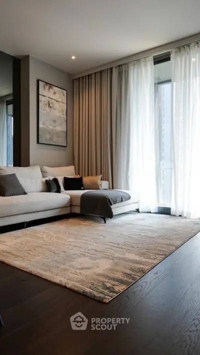Elegant living room with modern decor and large windows for natural light