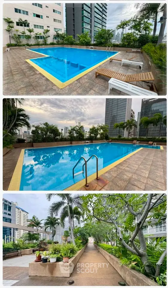 Luxurious rooftop pool with stunning city views and lush greenery, perfect for relaxation and leisure.