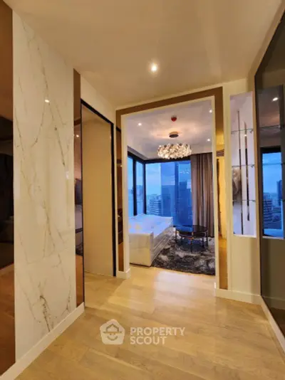 Luxurious bedroom with stunning city view and elegant decor