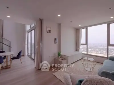 Spacious modern living room with panoramic city view and elegant decor