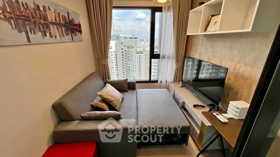 Cozy living room with modern decor and city view from window