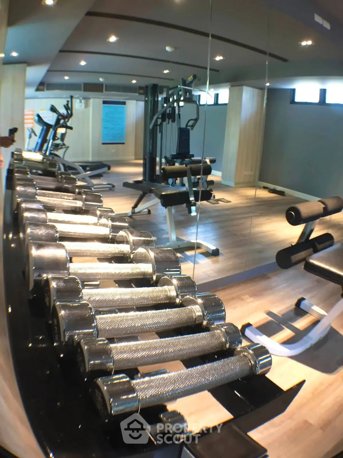 Modern gym with state-of-the-art equipment and mirrored walls in luxury residential building.