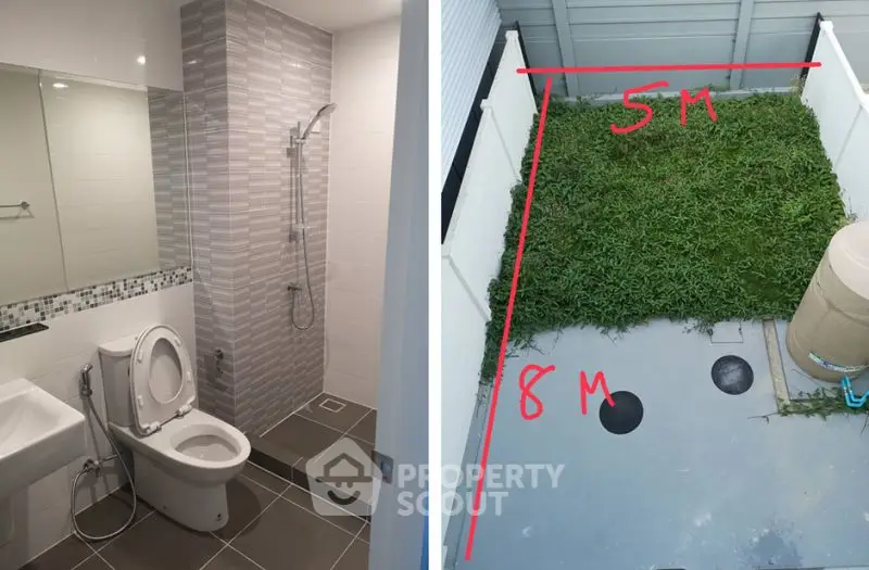 Modern bathroom with shower and compact outdoor garden space with measurements.