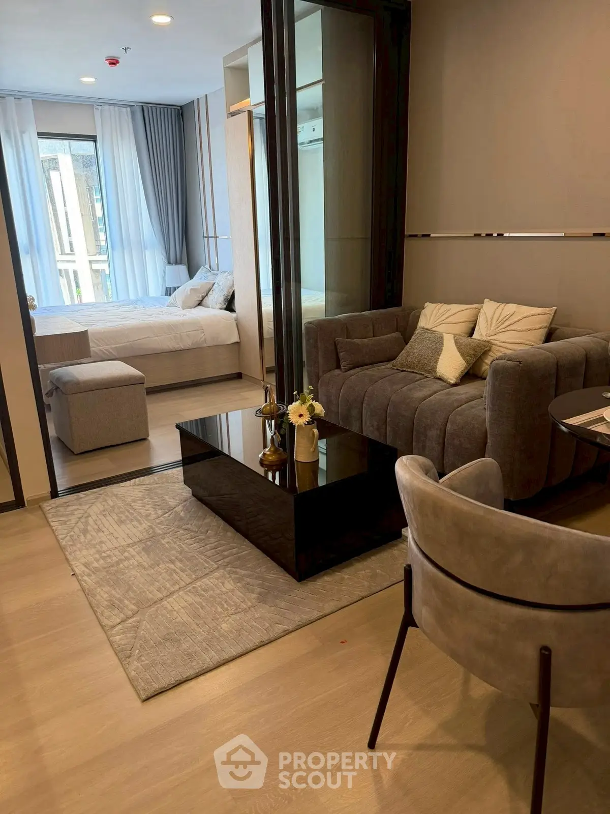 Modern living room with cozy seating and stylish decor