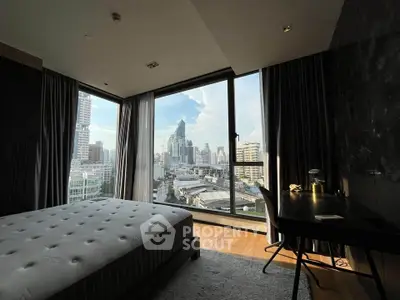 Luxurious bedroom with stunning city view and modern decor