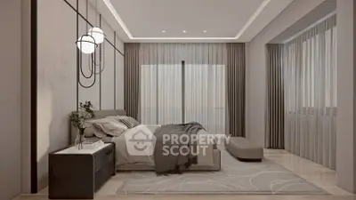 Luxurious modern bedroom with elegant decor and large windows for natural light.