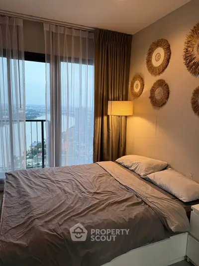 Cozy bedroom with river view and stylish decor in modern apartment