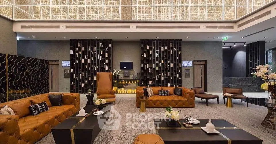 Luxurious modern living room with elegant decor and high ceiling in upscale property.
