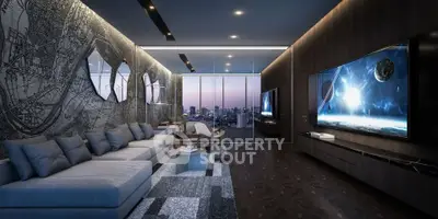 Luxurious modern living room with city skyline view, featuring sleek decor and large TV screens.