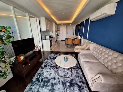 Modern living room with plush sofa, stylish decor, and open kitchen layout
