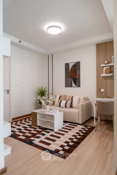 Modern living room with stylish decor and cozy seating area