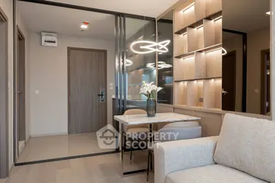 Modern living room with elegant lighting and stylish furniture in a contemporary apartment.