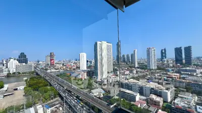 Stunning cityscape view from high-rise building with clear blue sky