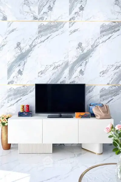 Luxurious living room with marble walls and modern TV stand, perfect for stylish urban living.