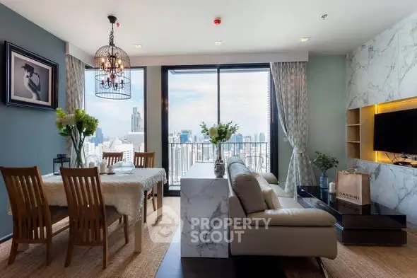 Luxurious living room with city view, elegant dining area, and modern decor.