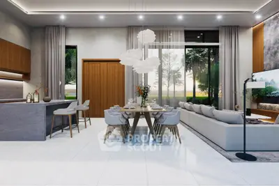 Luxurious open-plan living and dining area with modern decor and large windows.