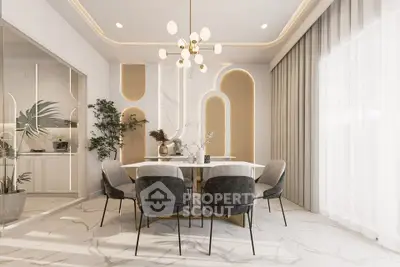 Luxurious dining room with modern decor and elegant lighting in a stylish apartment.