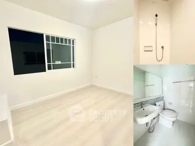 Spacious empty room with modern bathroom featuring sleek fixtures and shower area.